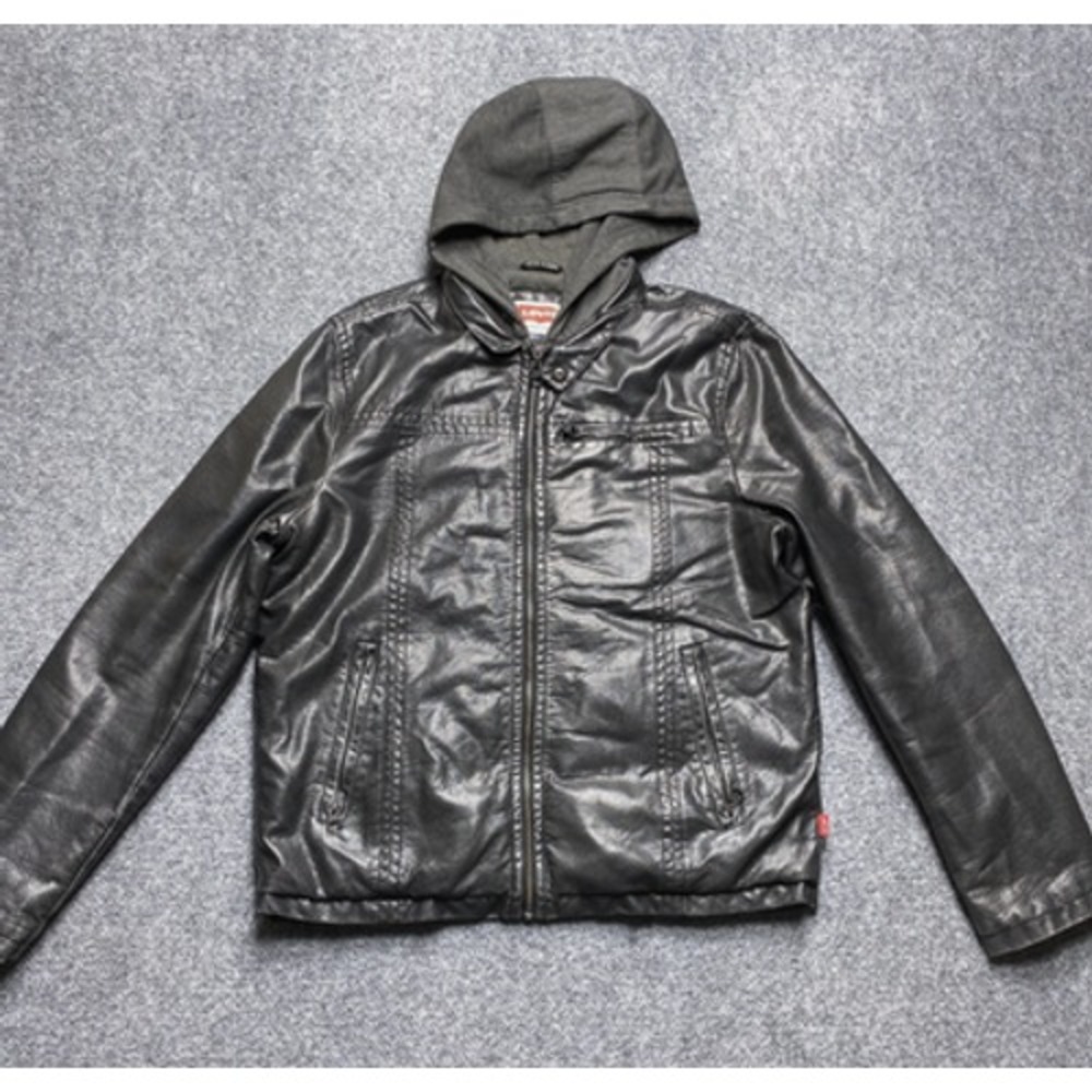 Levi's Jacket Mens Medium Black Hooded Faux Leather Moto Bomber Zip Pockets